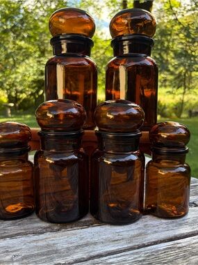 Set of Six Vintage Belgium Amber Brown Glass Apothecary Bottles